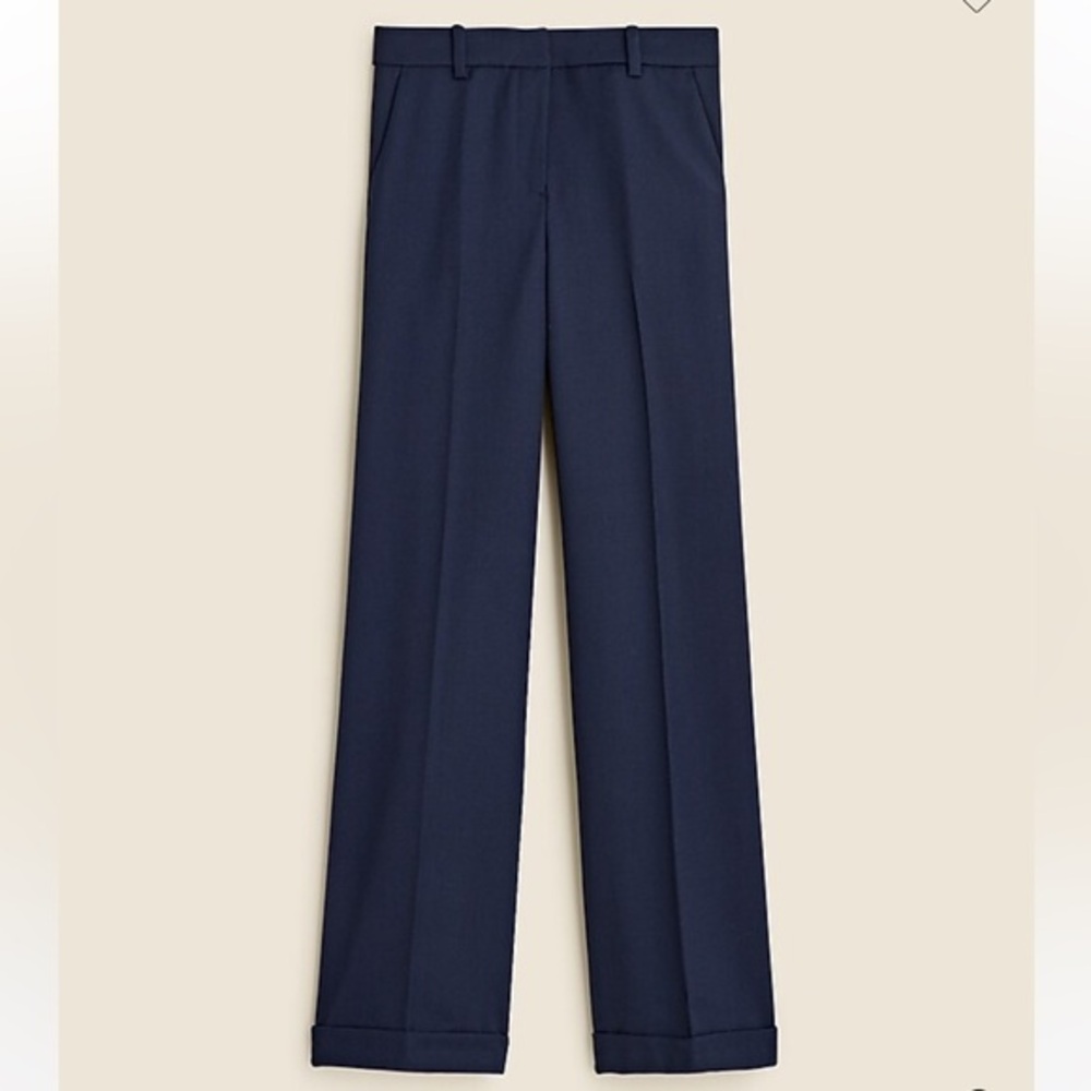 Cuffed wide-leg trouser pant in wool blend in Navy, NWT, size 12